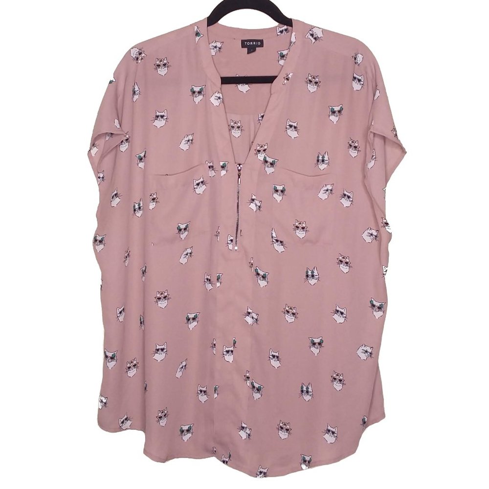 Torrid Cat Print Georgette Zip Front Blouse sz 1